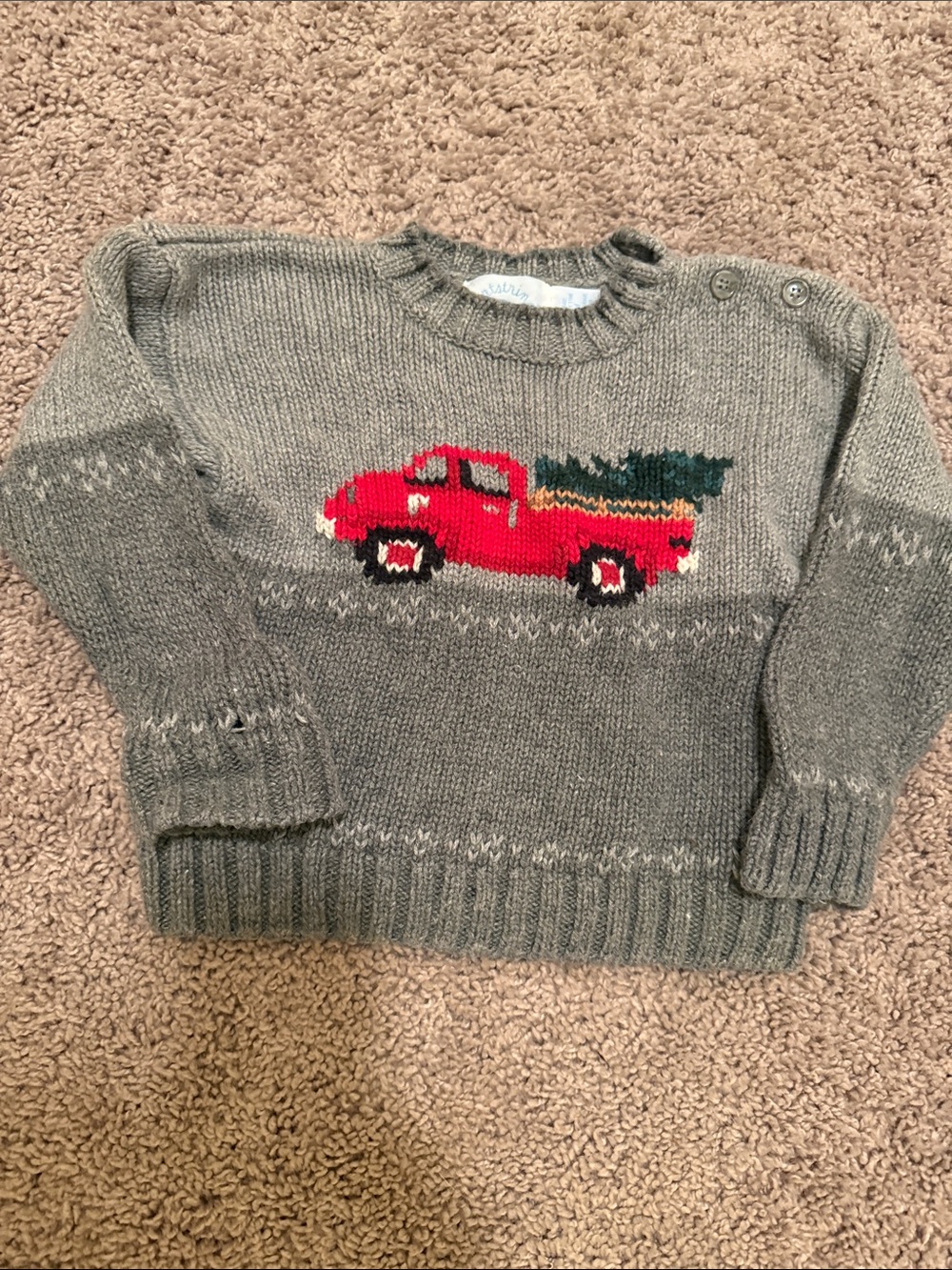 Hartstrings Grey holiday Knit Sweater with Red Truck Motif